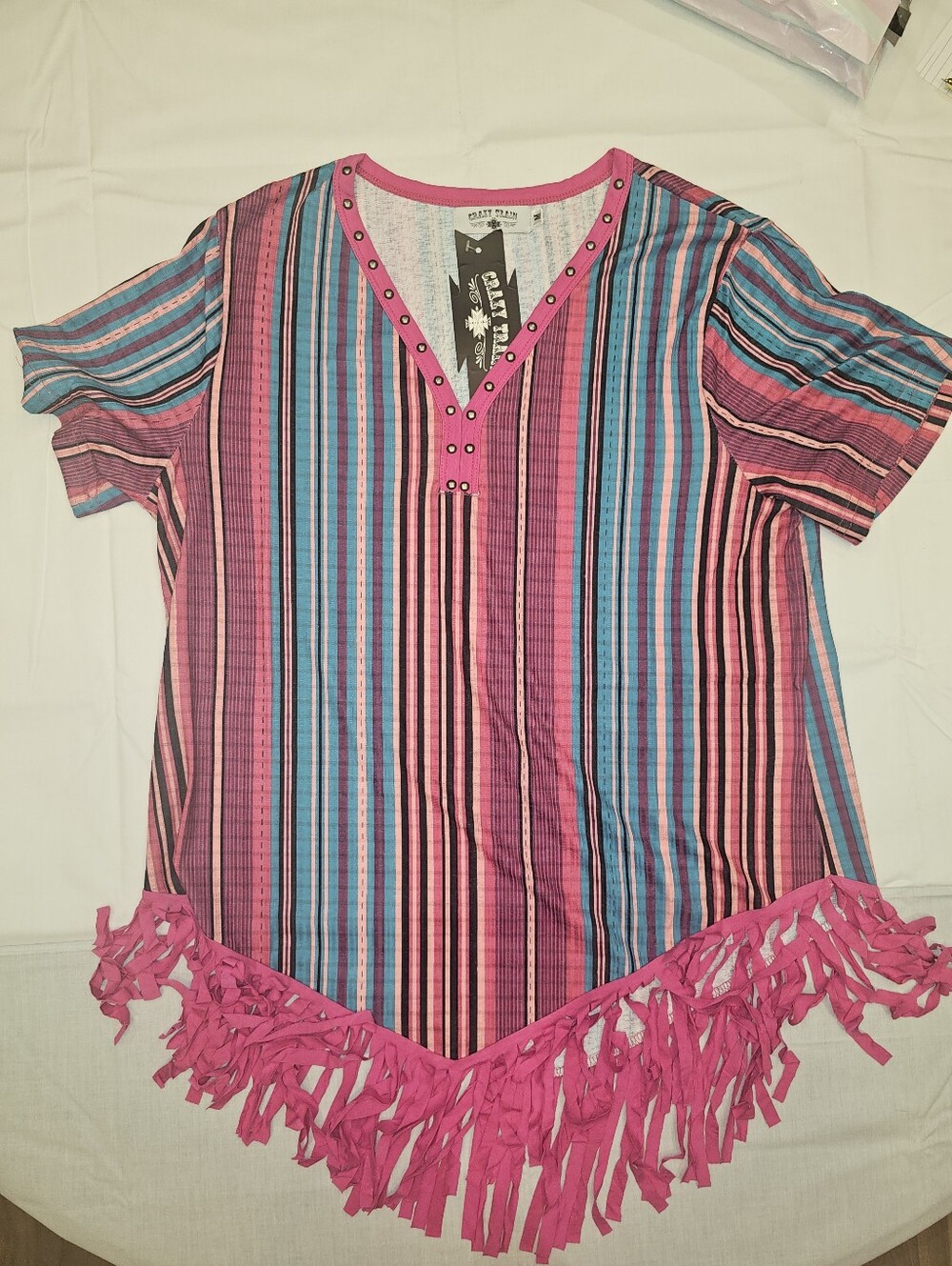 NWT- CRAZY TRAIN Women's Pink Striped V-Neck Fringe Top - Picture 4 of 5
